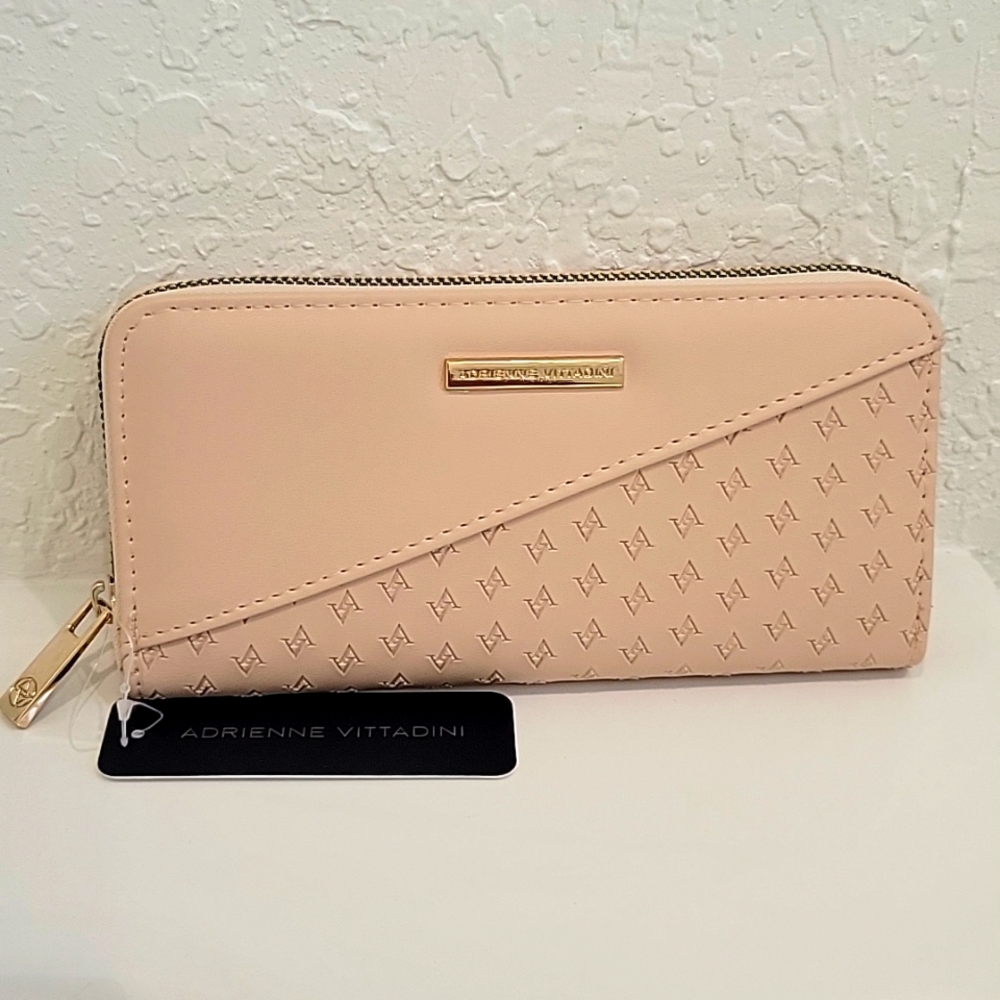 NWT ADRIENNE VITTADINI cream embossed logo zip around wallet
